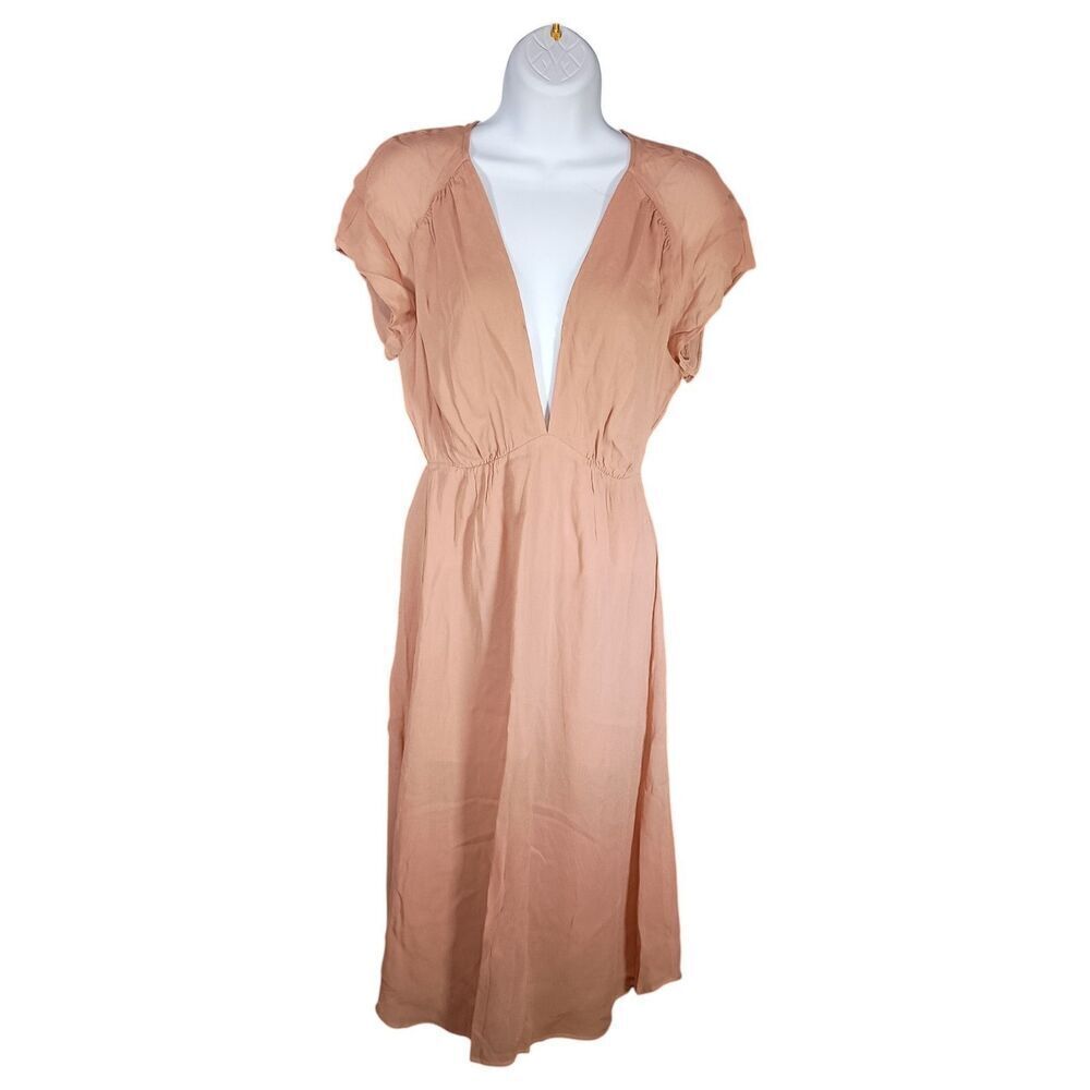 Reformation Dress 2 Womens Beige Midi Fit & Flare Short Sleeve V-Neck Viscose